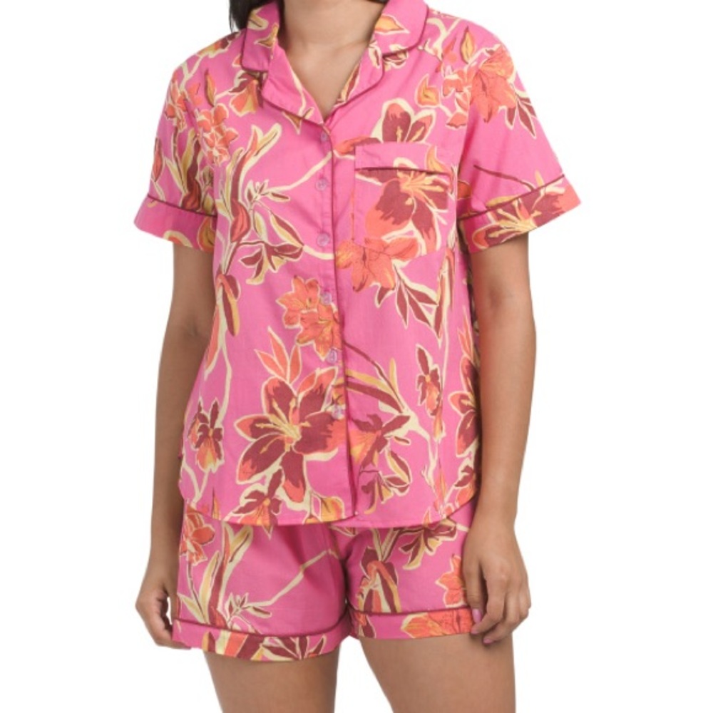 SAATVIK Pink Cotton Floral Pajama Top And Pajama Shorts Set
